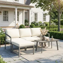 Conjunto de Jardín Exterior de 3 Piezas con Sofá de 3 Plazas Reposapiés Mesa de Centro y Cojines Marrón y Beige - Ogal.Es