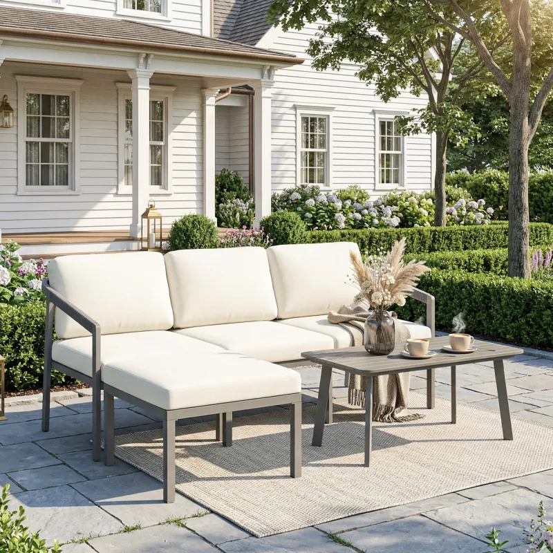 Conjunto de Jardín Exterior de 3 Piezas con Sofá de 3 Plazas Reposapiés Mesa de Centro y Cojines Marrón y Beige - Ogal.Es