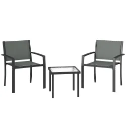 Conjunto de Mesa y Sillas de Terraza Exterior 3 Piezas con 2 Sillas de Textilene Mesa de Vidrio Templado Gris Claro - Ogal.Es