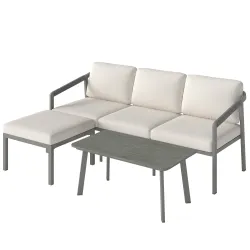 Conjunto de Jardín Exterior de 3 Piezas con Sofá de 3 Plazas Reposapiés Mesa de Centro y Cojines Marrón y Beige - Ogal.Es