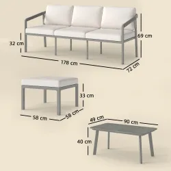 Conjunto de Jardín Exterior de 3 Piezas con Sofá de 3 Plazas Reposapiés Mesa de Centro y Cojines Marrón y Beige - Ogal.Es