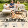 Conjunto de Jardín Exterior de 3 Piezas con Sofá de 3 Plazas Reposapiés Mesa de Centro y Cojines Marrón y Beige - Ogal.Es