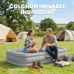Colchón Hinchable Individual Plegable con Bomba Inflado 3 Min Desinflado 2 Min Bolsa Carga 200 kg 190x97x39 cm Gris - Ogal.Es
