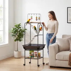 Parque de Juegos de Pájaros con Ruedas Escaleras Columpio Protector de Semillas Bandeja Comederos Perchas 63x63x... - Ogal.Es