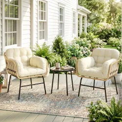 Conjunto de Jardín Exterior de 3 Piezas de Ratán PE 2 Sillas con Cojines Suaves y Mesa de Vidrio Templado Crema - Ogal.Es