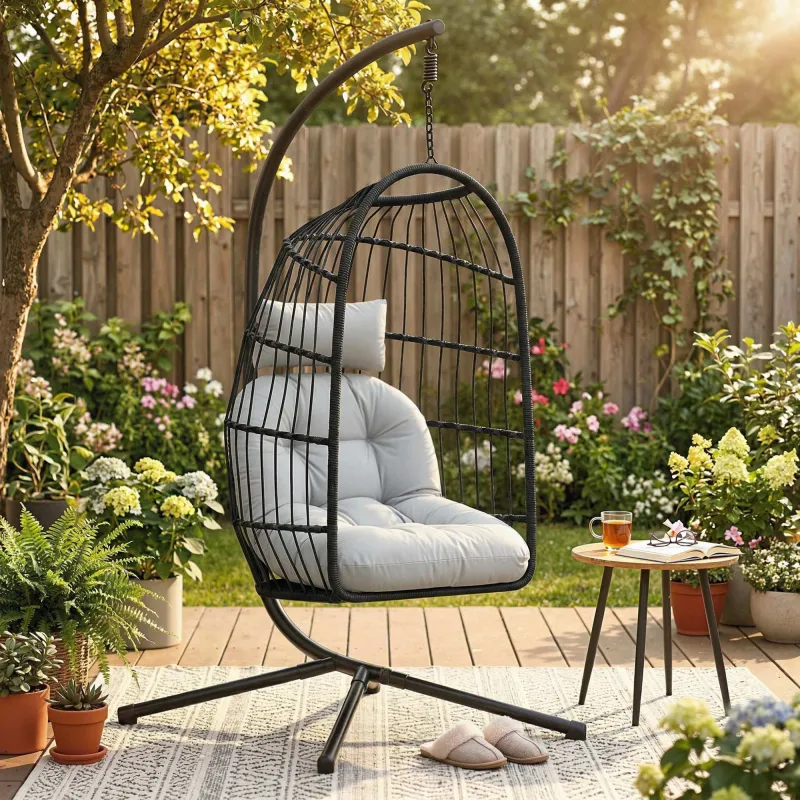 Silla Colgante Huevo con Soporte Cesta Plegable Cojín Reposacabezas Altura Ajustable y Cuerda Carga 120 kg Gris ... - Ogal.Es