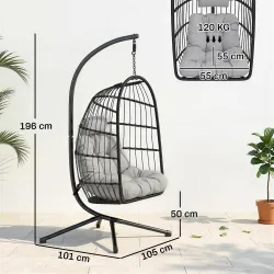 Silla Colgante Huevo con Soporte Cesta Plegable Cojín Reposacabezas Altura Ajustable y Cuerda Carga 120 kg Gris ... - Ogal.Es