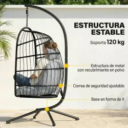 Silla Colgante Huevo con Soporte Cesta Plegable Cojín Reposacabezas Altura Ajustable y Cuerda Carga 120 kg Gris ... - Ogal.Es