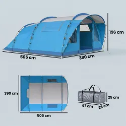 Tienda de Campaña Familiar Tipo Túnel para 5 Personas con 3 Habitaciones Puerta 4 Ventanas Impermeable Fácil Mon... - Ogal.Es