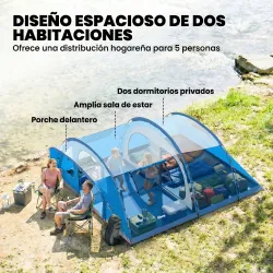 Tienda de Campaña Familiar Tipo Túnel para 5 Personas con 3 Habitaciones Puerta 4 Ventanas Impermeable Fácil Mon... - Ogal.Es
