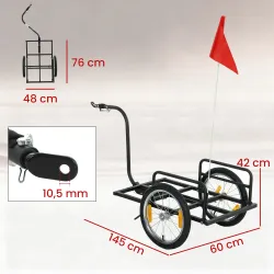 Remolque de Bicicleta para Carga 40 kg Carro de Mano de Acero con Bandera Roja Ruedas de 16 Pulgadas 145x60x42 c... - Ogal.Es