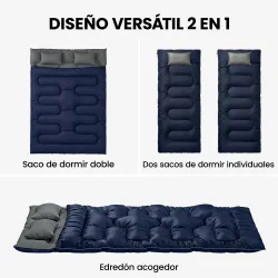 Saco de Dormir Doble para Adultos Tamaño Queen para 2 Personas con 2 Almohadas y Bolsa Transporte Azul Oscuro - Ogal.Es