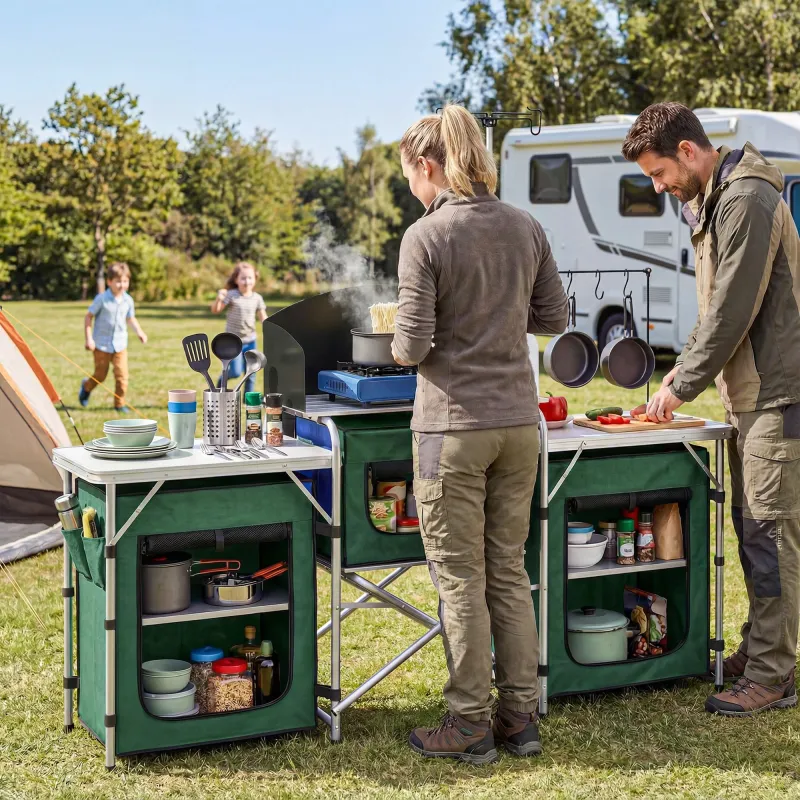 Mueble de Cocina para Camping Plegable con 3 Mesas 4 Ganchos Poste de Luz y Bolsa de Transporte 172x48x130 cm Verde - Ogal.Es