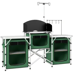Mueble de Cocina para Camping Plegable con 3 Mesas 4 Ganchos Poste de Luz y Bolsa de Transporte 172x48x130 cm Verde - Ogal.Es