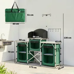 Mueble de Cocina para Camping Plegable con 3 Mesas 4 Ganchos Poste de Luz y Bolsa de Transporte 172x48x130 cm Verde - Ogal.Es