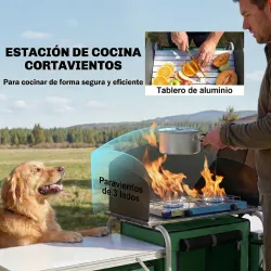 Mueble de Cocina para Camping Plegable con 3 Mesas 4 Ganchos Poste de Luz y Bolsa de Transporte 172x48x130 cm Verde - Ogal.Es