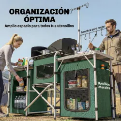 Mueble de Cocina para Camping Plegable con 3 Mesas 4 Ganchos Poste de Luz y Bolsa de Transporte 172x48x130 cm Verde - Ogal.Es
