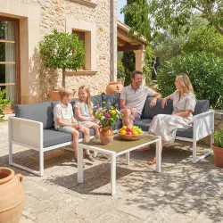 Conjunto de Jardín Exterior con Cojines 3 Sofás de 2 Plazas Mesa con Tablero Efecto Madera WPC y Cojines Gris y ... - Ogal.Es