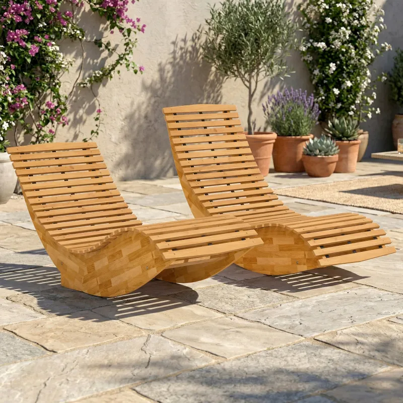 Conjunto de 2 Sillas Mecedoras de Jardín de Madera Ergonómica Plegable con Diseño Listonado 60x156x77 cm Natural - Ogal.Es