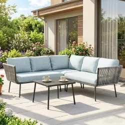 Conjunto de Muebles de Ratán de Exterior Sofá de Esquina con Cojines y Mesa de Centro para Terraza Patio Azul Claro - Ogal.Es