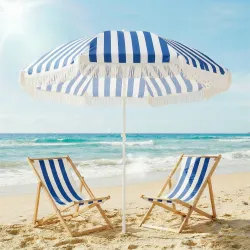 Sombrilla de Playa con Flecos Ø180 cm Sombrilla de Terraza Exterior con Altura Ajustable Inclinación 30° Azul y ... - Ogal.Es