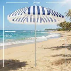 Sombrilla de Playa con Flecos Ø180 cm Sombrilla de Terraza Exterior con Altura Ajustable Inclinación 30° Azul y ... - Ogal.Es