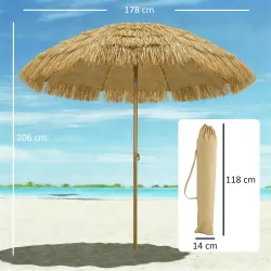 Sombrilla de Playa con Flecos de Paja Ø178 cm con Inclinación Altura Ajustable UV50+ Bolsa de Transporte Marrón ... - Ogal.Es