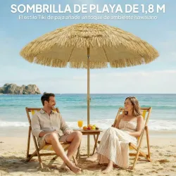 Sombrilla de Playa con Flecos de Paja Ø178 cm con Inclinación Altura Ajustable UV50+ Bolsa de Transporte Marrón ... - Ogal.Es