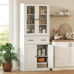 Mueble Auxiliar de Cocina con 2 Puertas de Acrílico Cajón Grande Estantes Ajustables 76x40x182,5 cm Crema - Ogal.Es