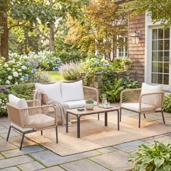 Conjunto Jardín Exterior de 4 Piezas con Sofá 2 Sillones y Mesa WPC Ratán PE Tipo Cuerda Cojines Acolchados Blanco - Ogal.Es