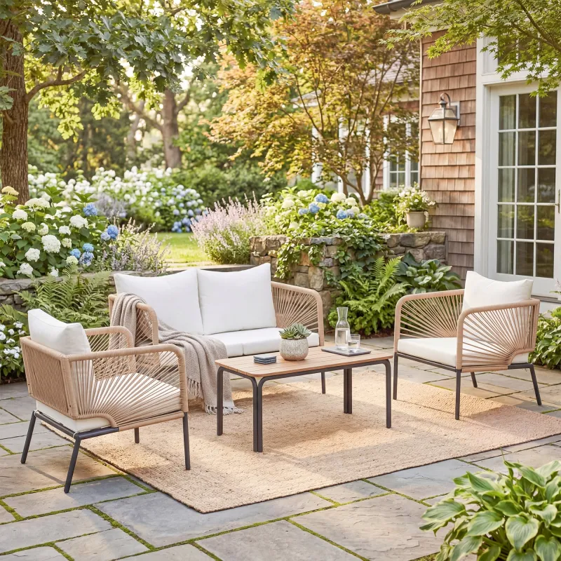 Conjunto Jardín Exterior de 4 Piezas con Sofá 2 Sillones y Mesa WPC Ratán PE Tipo Cuerda Cojines Acolchados Blanco - Ogal.Es