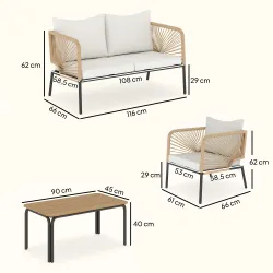 Conjunto Jardín Exterior de 4 Piezas con Sofá 2 Sillones y Mesa WPC Ratán PE Tipo Cuerda Cojines Acolchados Blanco - Ogal.Es