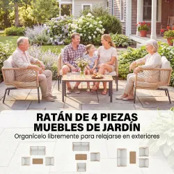 Conjunto Jardín Exterior de 4 Piezas con Sofá 2 Sillones y Mesa WPC Ratán PE Tipo Cuerda Cojines Acolchados Blanco - Ogal.Es