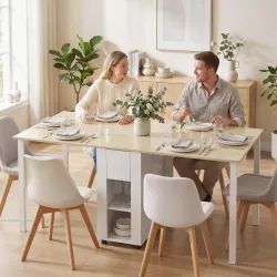 Mesa de Cocina Plegable para 6 Personas con Alas Abatibles Cajón Estantes Abiertos 168,2x85x73 cm Blanco - Ogal.Es