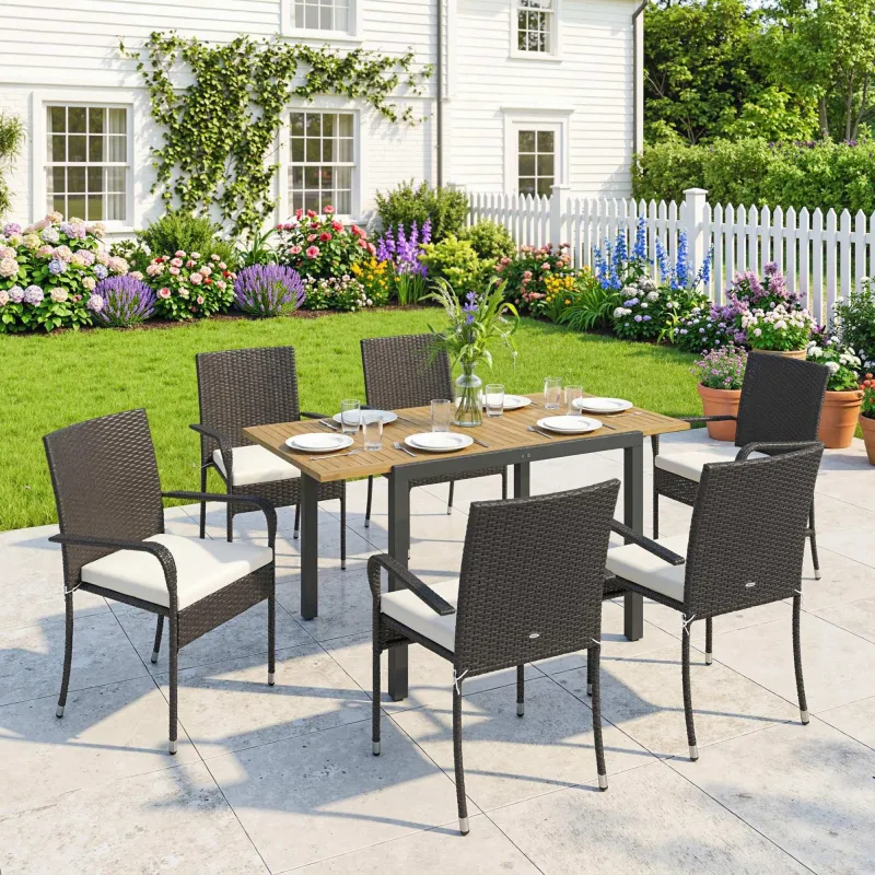 Conjunto de Mesa y Sillas Jardín de Ratán 7 Piezas con Mesa Extensible con Tablero Madera y 6 Sillas Apilables C... - Ogal.Es