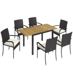 Conjunto de Mesa y Sillas Jardín de Ratán 7 Piezas con Mesa Extensible con Tablero Madera y 6 Sillas Apilables C... - Ogal.Es