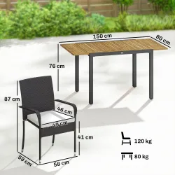 Conjunto de Mesa y Sillas Jardín de Ratán 7 Piezas con Mesa Extensible con Tablero Madera y 6 Sillas Apilables C... - Ogal.Es
