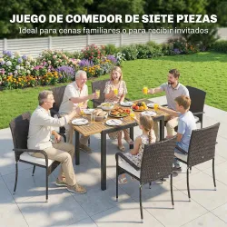 Conjunto de Mesa y Sillas Jardín de Ratán 7 Piezas con Mesa Extensible con Tablero Madera y 6 Sillas Apilables C... - Ogal.Es