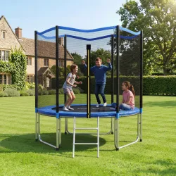 Cama Elástica Exterior Ø244 cm Trampolín para Niños con Red de Seguridad Escalera y Acolchado de Muelles Azul - Ogal.Es