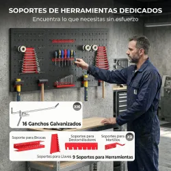 3 Paneles de Herramientas de Pared 28 Piezas cada panel 60x40 cm con Ganchos y Estantes Negro y Rojo - Ogal.Es