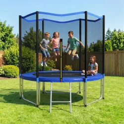 Cama Elástica Exterior Ø305 cm Trampolín para Niños con Red de Seguridad Escalera y Acolchado de Muelles Azul - Ogal.Es