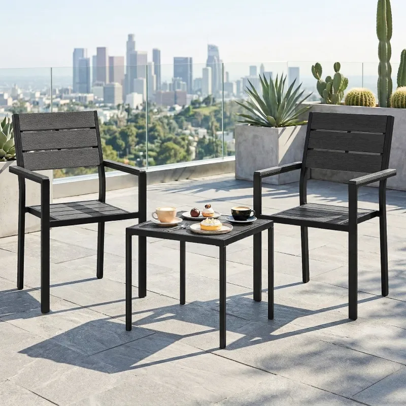 Conjunto de Jardín de 3 Piezas con 2 Sillas y Mesa de HDPE Diseño Listones Efecto Madera para Patio Balcón Negro - Ogal.Es