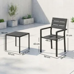 Conjunto de Jardín de 3 Piezas con 2 Sillas y Mesa de HDPE Diseño Listones Efecto Madera para Patio Balcón Negro - Ogal.Es