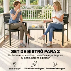 Conjunto de Jardín de 3 Piezas con 2 Sillas y Mesa de HDPE Diseño Listones Efecto Madera para Patio Balcón Negro - Ogal.Es