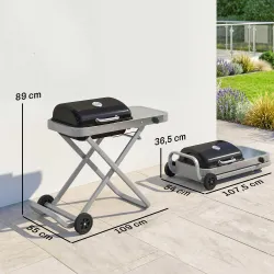 Barbacoa de Gas Plegable con Quemador 2,5 kW Tapa Termómetro Mesa Lateral y 2 Ruedas Parrilla Recogedor Grasa Negro - Ogal.Es