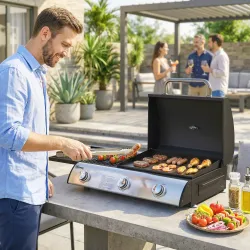Barbacoa de Gas BBQ Gas con 3 Quemadores 7,5 kW con Parrilla Plancha Estante Lateral Convertible Termómetro Negro - Ogal.Es
