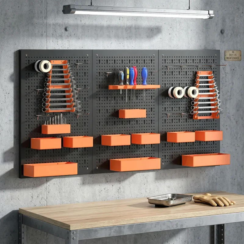 Organizador de Herramientas de Pared de 33 Piezas 120x60 cm con Ganchos Contenedores y Estantes Negro y Naranja - Ogal.Es