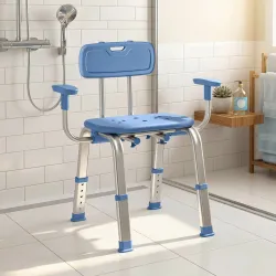 Silla Ducha Personas Mayores Antideslizante con Reposabrazos Ajustable Altura Ajustable Carga 150 kg Azul - Ogal.Es