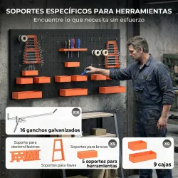 Organizador de Herramientas de Pared de 33 Piezas 120x60 cm con Ganchos Contenedores y Estantes Negro y Naranja - Ogal.Es