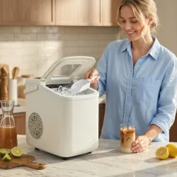 Máquina de Hielo Autolimpiable 12 kg/24H 9 Cubitos Listos en 7 Minutos 2 Tamaños de Hielo 1,2L Depósito Beige - Ogal.Es